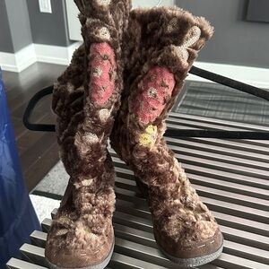 Brown Furry Boots with Pink and Yellow Accents